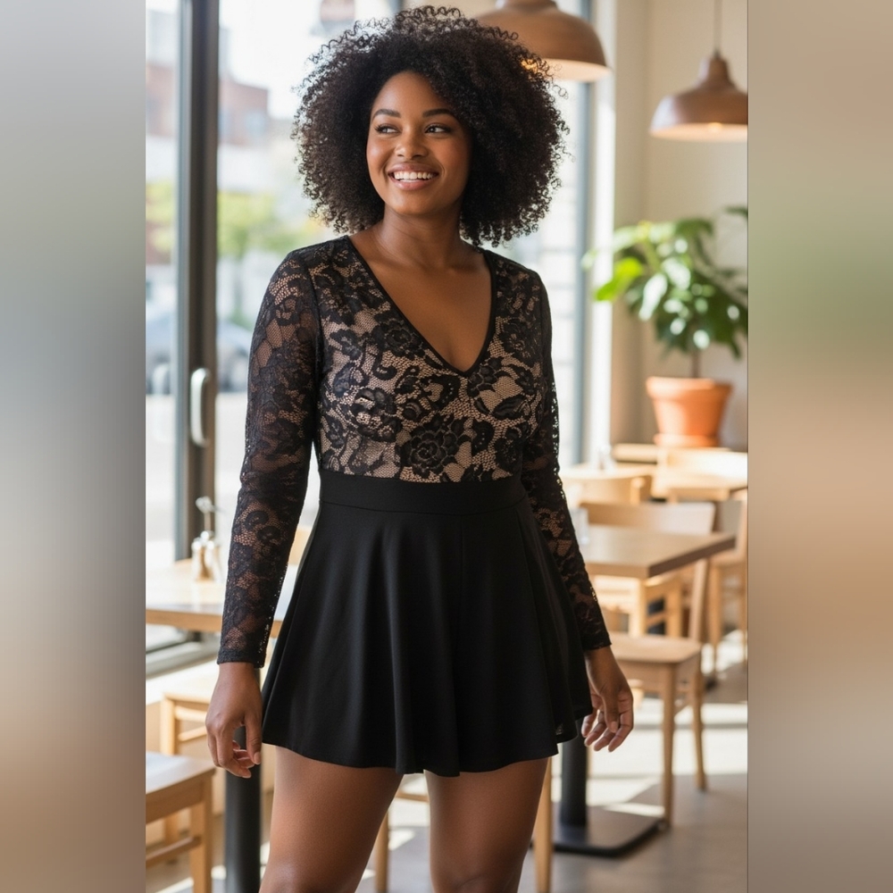 eVogues Plus Size Overlay Romper Dress Black Lace 3X